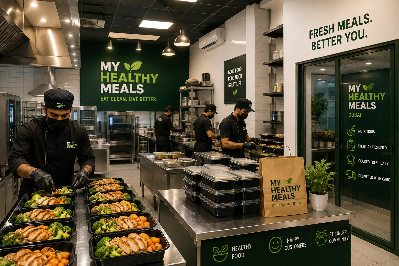 The MyHealthyMeals kitchen — chefs portioning meals into trays along a steel pass, with the day’s packed boxes ready to go out