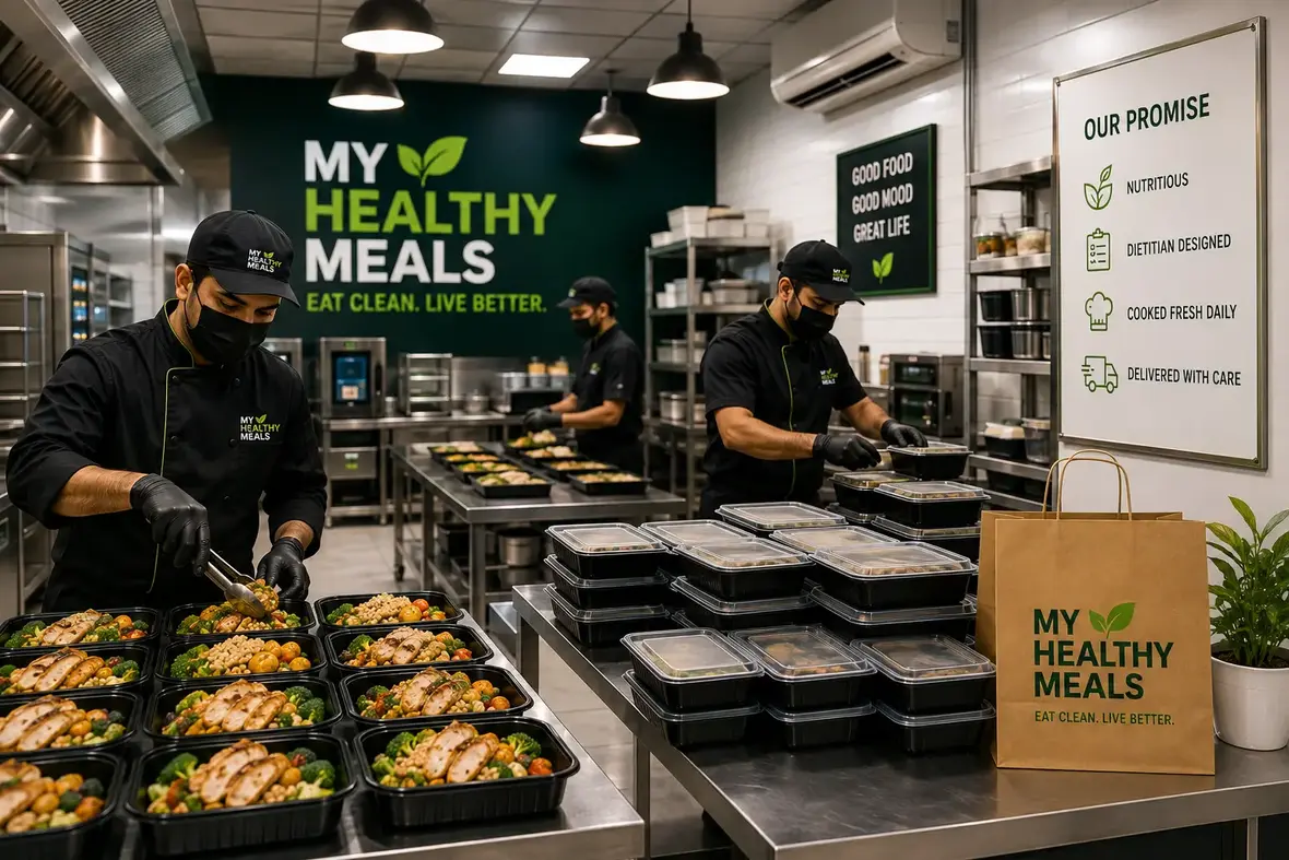 Sealed MyHealthyMeals boxes stacked on the pass beside a branded paper bag, under the kitchen’s promise board