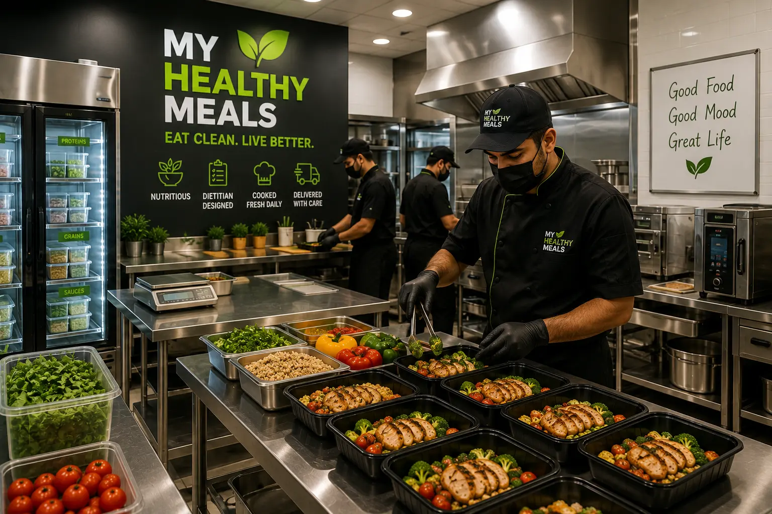 A chef in MyHealthyMeals blacks portioning vegetables into meal trays