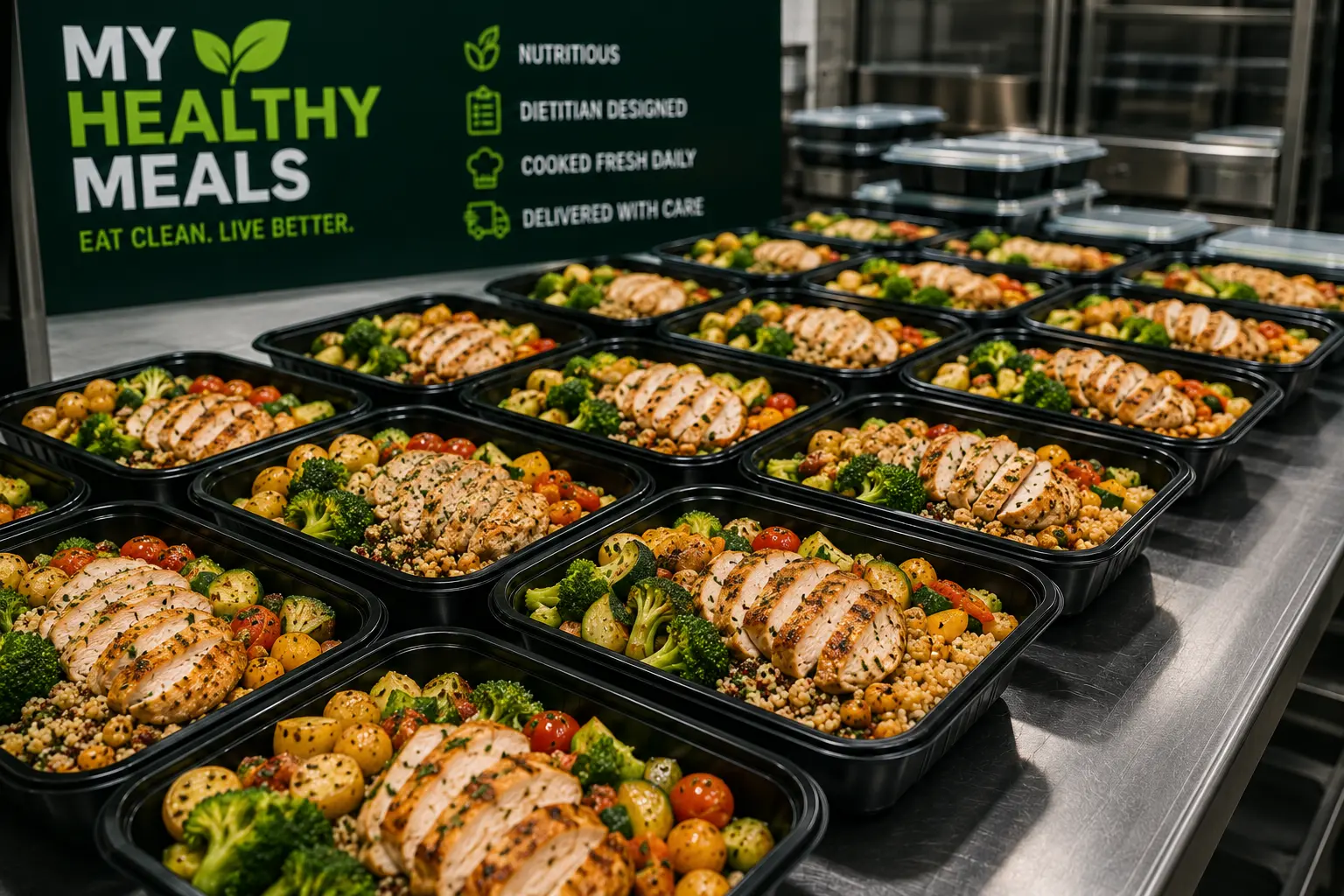 Trays of grilled chicken with vegetables and grains, packed and lined up on the pass